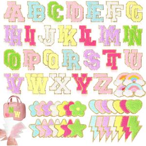 Chenille Letter Patches Self-Adhesive for Backpacks: Funcolor 84PCS Stick on Varsity Letter Patches - Cute Star Lightning Heart Rainbow Chenille Patch Stickers for Clothing Hats Bags