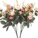 Duovlo 7 Branch 21 Mini Rose Heads Artificial Flowers Bouquet Wedding Home Office Decor,Pack of 2 (2 PCS Pink)