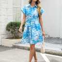 Women's Button Down Shirt Dress Floral Printed V-Neck Turn Down Short Sleeve Mini Casual Trench Coat Formal Blue, Medium