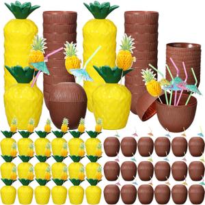 Amyhill 60 Pcs Coconut Pineapple Cups with 60 Umbrella Straws and 60 Cocktail Drink Picks Hawaiian Luau Tiki and Beach Party Decorations Plastic Drink Cups Set for Summer Supplies Adults