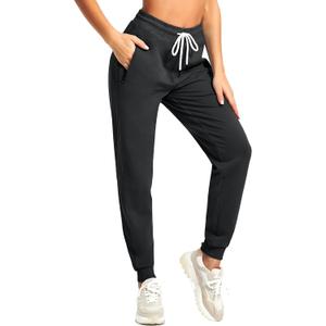 PULI Women Workout Sweatpants Cotton Jogger Ribber Splicing Lounge Sweat Pants with Zipper Pocket (Large, Black)
