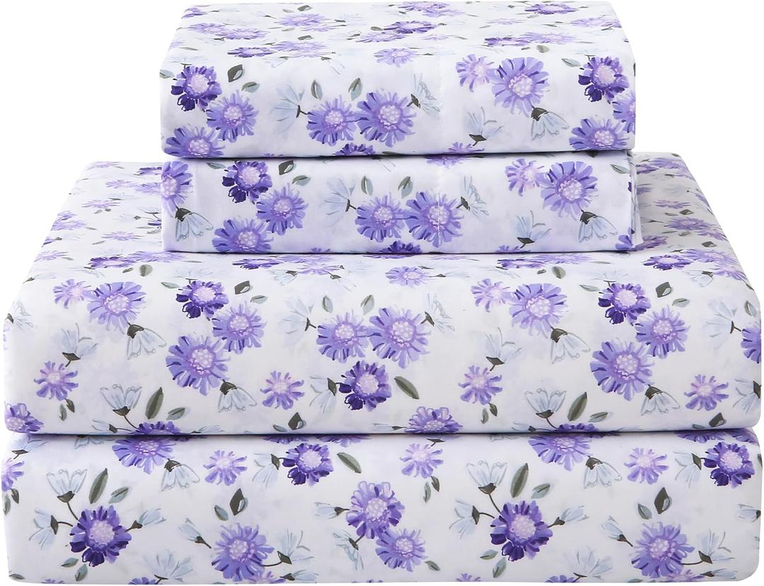 Softan Puple Floral Full Sheet Set, 4-Piece Microfiber Printed Fitted Sheet with 15" Deep Pockets & Non-Slip Straps, White Flower Patterned Double Bedding Sheets & Pillowcase Set