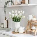 15 Pcs White-Light Pink-Yellow Artificial Tulips Fake Flowers, Premium Latex Lifelike Texture, UV Resistant Waterproof Faux Tulip Bouquets with Snap-on Petals for Outdoor, Home, Wedding Decor