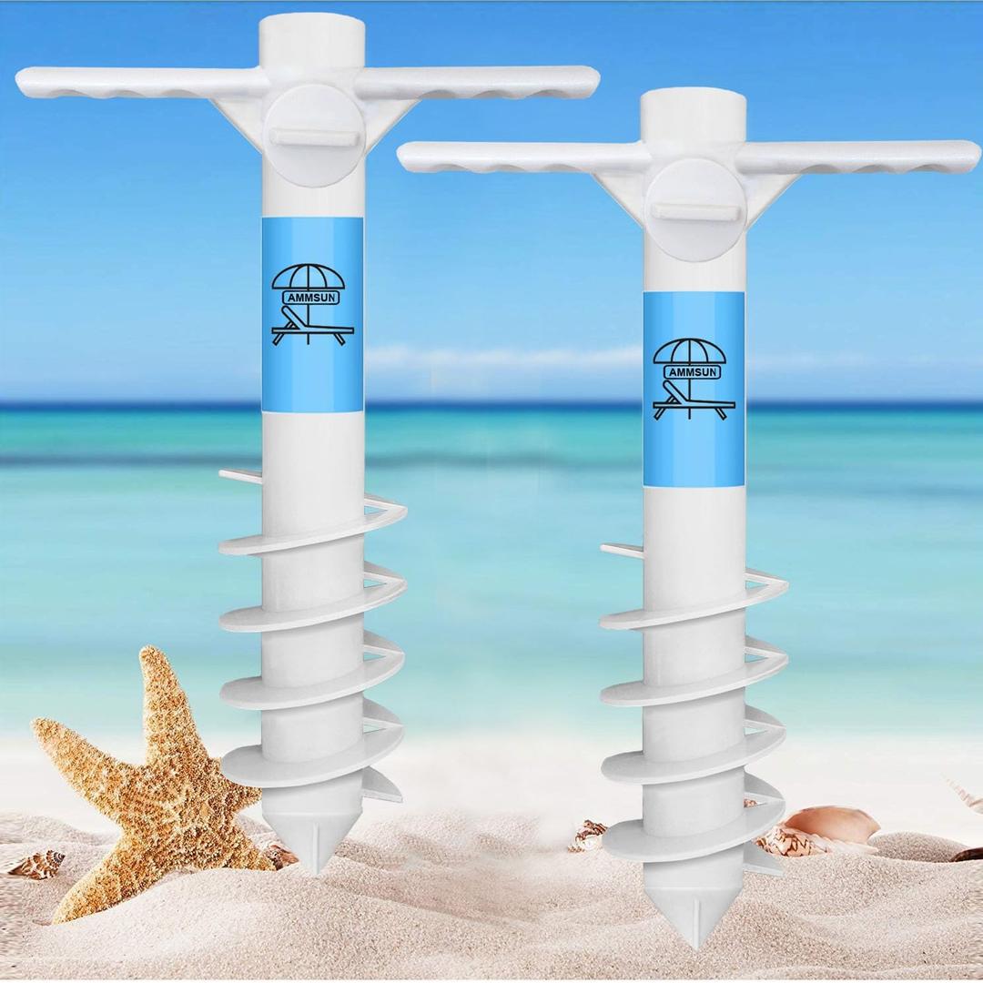 AMMSUN Beach Umbrella Sand Anchor Heavy Duty Outdoor Umbrellas Base with 5 Spiral Screw Universal One Size Fits Most Beach Umbrella Safe Umbrella Holder Stand Ideal for Strong Winds White (2, White)