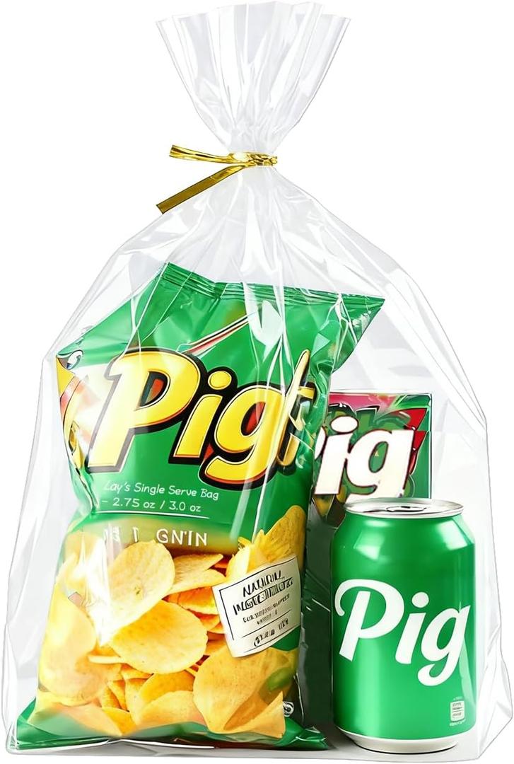 PigPotParty 10"x 14", 100Pcs Bottom Gusset Bags, Clear Plastic Gift Bags, Cellophane Mug Treat Goodie Bags with 100x Twist Ties, Large Party Favor Packaging, Toy Wrapping (No Side Gusset)