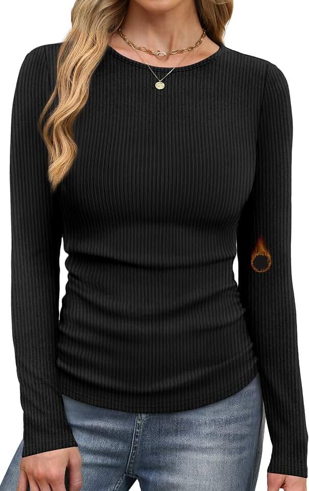 WIHOLL Long Sleeve Shirts for Women Fall Fashion Thermal Shirts Rib Knit Winter Clothing Warm Undershirts Basic T-Shirts, S