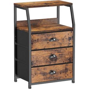 Furnulem Nightstand with 3 Drawers and 2-Tier Shelf, Fabric Small Dresser Organizer Vertical Storage Tower for Bedroom, Closet, Hallway, Nursery, End Table Side Furniture, Sturdy Steel Frame, Wood Top (Rustic Brown)