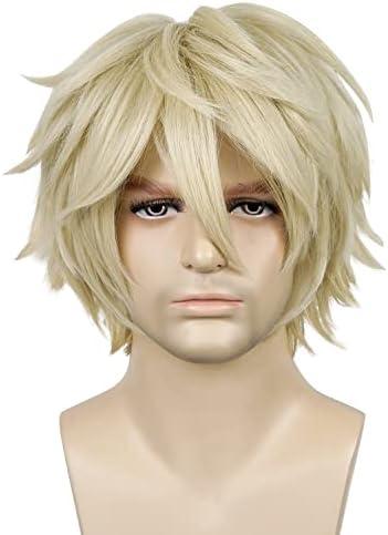LABEAUTÉ Short Blonde Wig Male Men, Anime Fluffy Golden Cosplay Anime Wigs With Bangs Unisex Heat Resistant Hair for Party Halloween + Free Cap