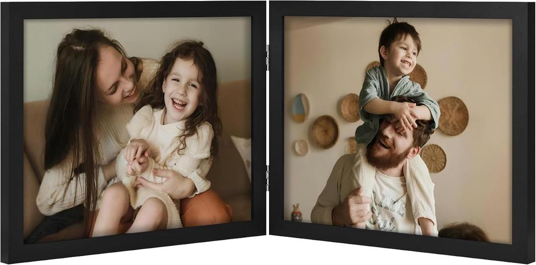 decorUhome Double 10x8 Picture Frame Horizontal, Engineered Wood Bifold Photo Frame with Plexiglass for Tabletop Display, 10x8, Black