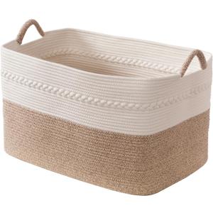 Extra Large Laundry Basket Woven From Natural Cotton Rope With Handles Storage Blankets For Living Rome Big Decorative Quilted Baskets For Clothes Toys Pillows Hamper 24"x16"x14" White/Brown