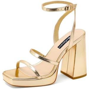 MIRAAZZURRA Platform Strappy Heel Sandals Square Open Toe Two Strap Chunky High Heeled Sandals with Buckle Ankle Strap for Women Party Wedding Dress, Size 6