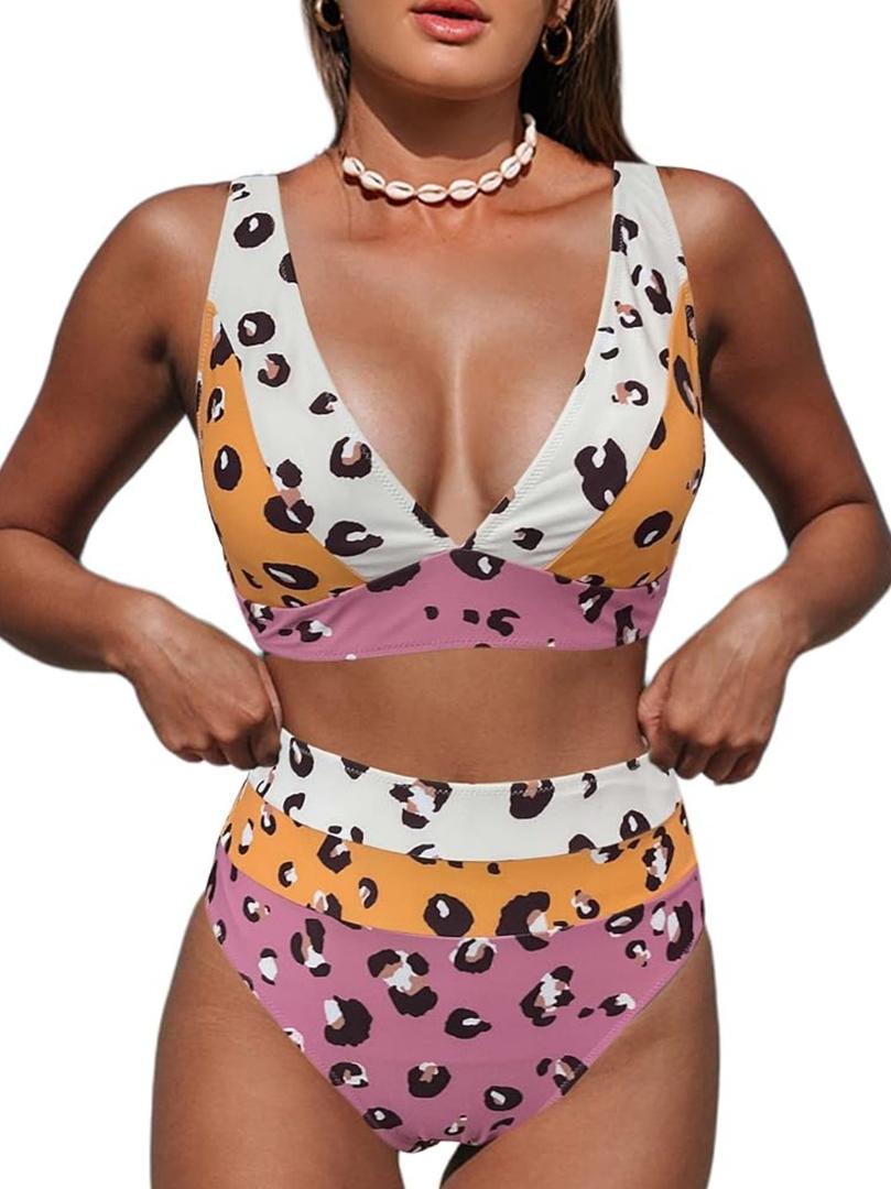 Hilinker Women's Leopard Bikini Swimsuits V Neck High Waisted 2 Piece Bathing Suits L