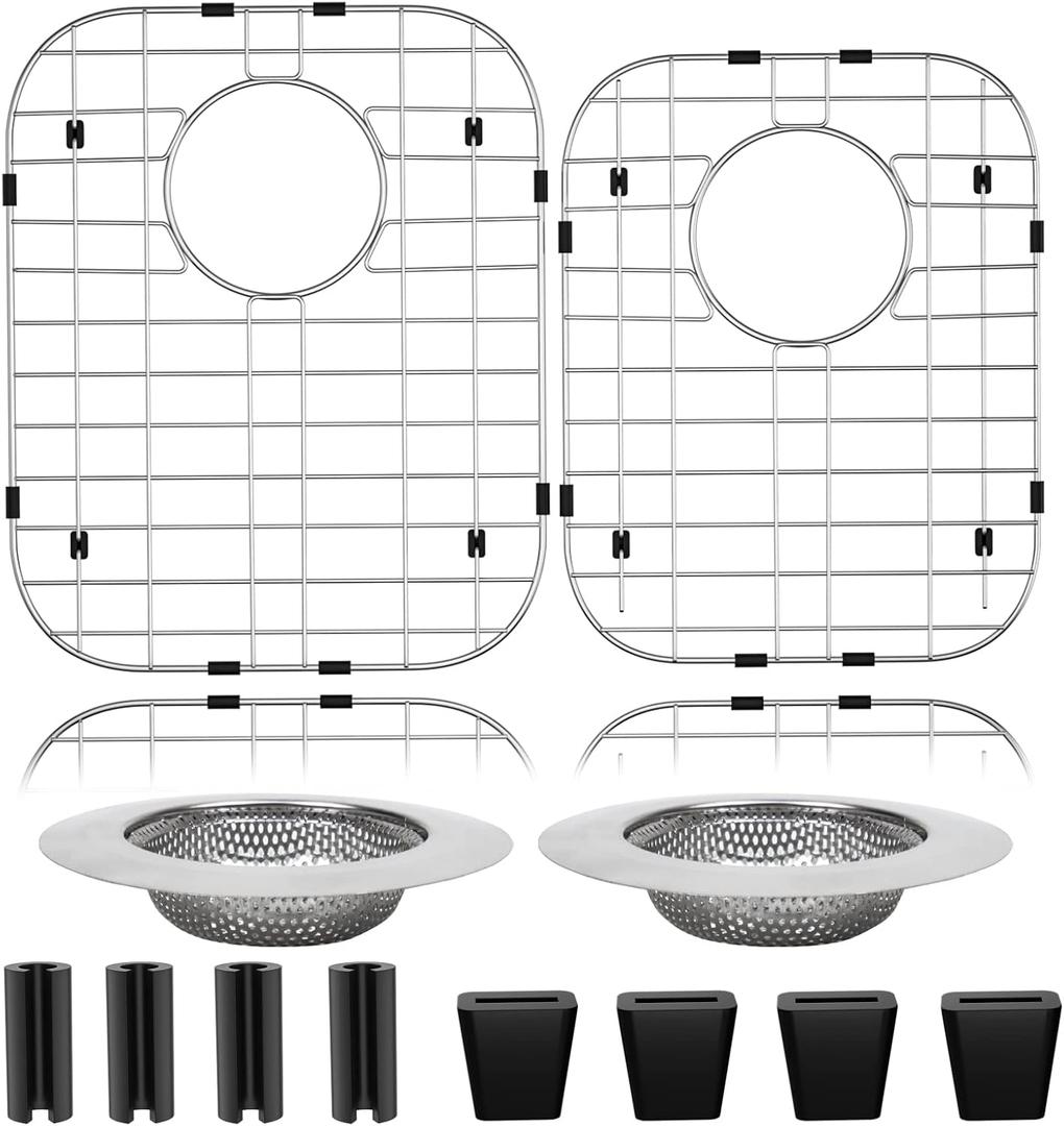2Pack 304 Stainless Steel Sink Protector for Double Kitchen Sink Rear Drain,(13"x16"& 11.26"x14.5") Metal Sink Grid SinkGrate Sink Rack for Bottom of KitchenSink w/SinkStrainers Rubber feet