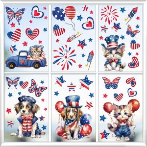 9PCS Patriotic Window Clings for Glass Windows Cute Dog Cat Window Decals Stickers 4th of July American Flag Memorial Day Window Clings Double-Sided Independence Day Window Decor for Home School Party