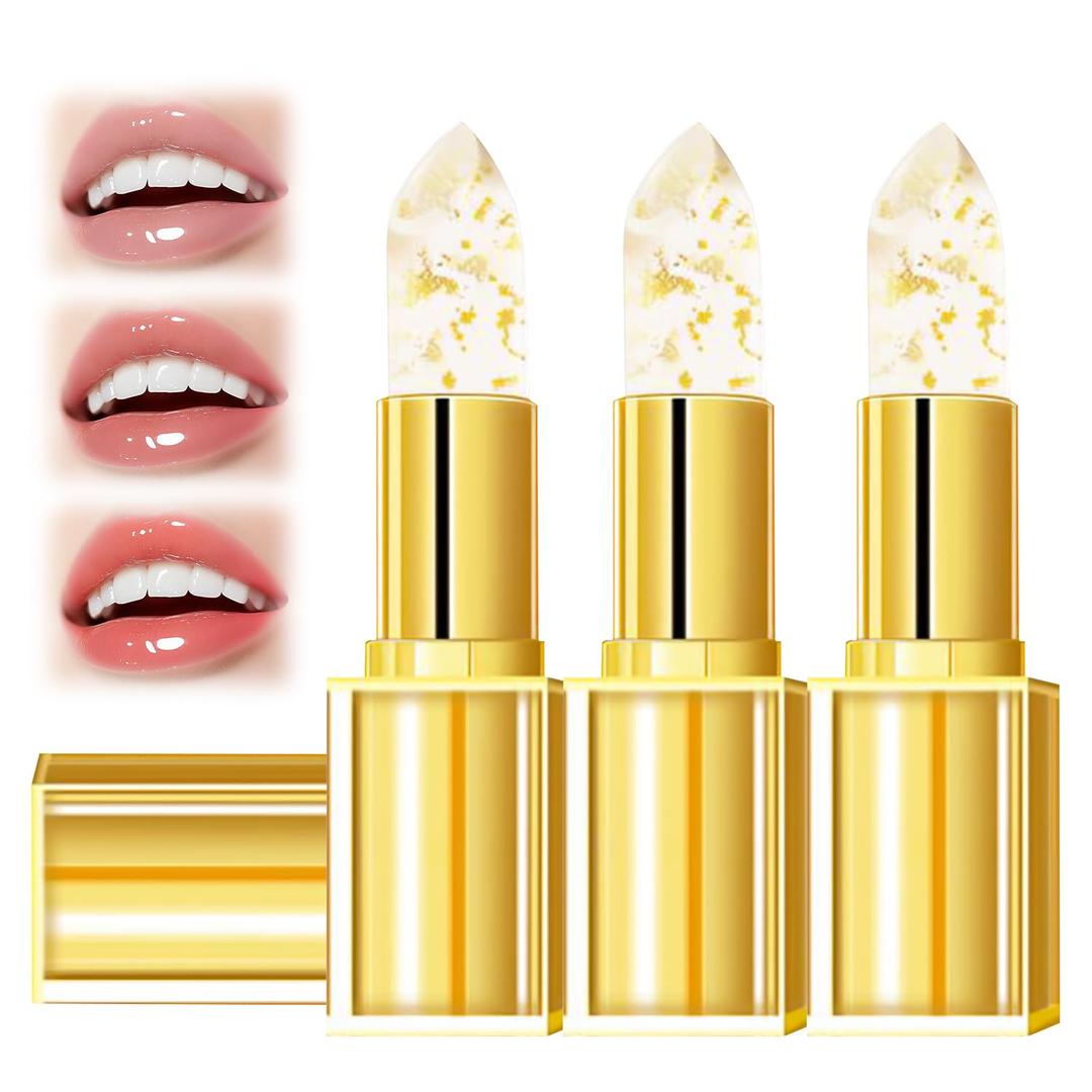 3Pcs Transferproof Color Changing Lipstick,Gold Crystal Ph Color-Changing Lipstick 24 Hours Long Lasting & Moisturizing Lip Gloss,Colors Changings Lipsticks For Older Women