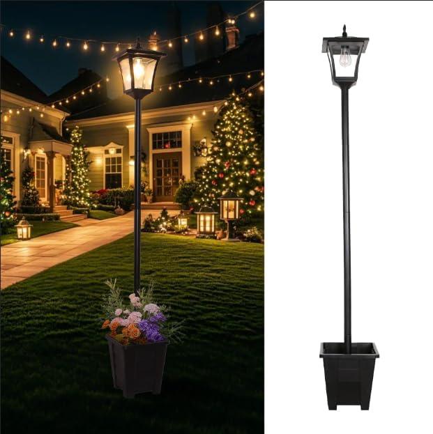 Outdoor Solar Post Lights, 59" Dusk to Dawn Solar Lamp Post, Waterproof Solar Floor Lamps, Warm White Pole Lights with Planter for Patio, Backyard, Lawn, Garden