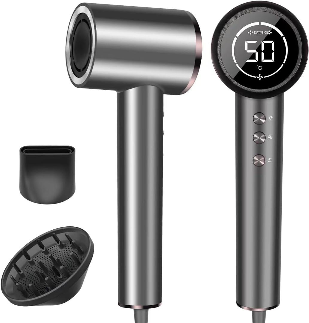 Hair Dryer, 150000RPM Professional High-Speed Negative Ionic Care Blow Dryer, Heat-Control, Fast Drying, Low Noise with Magnetic Diffuser and Nozzle, 4 Temps & 3 Speeds, HD Display Gray
