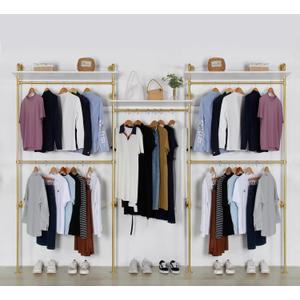 Industrial Pipe Clothing Rack Wall Mounted 5 Hanging Rods Garment Bar with Storage Shelf, Heavy Duty Metal Clothes Racks Closet System for Hanging Clothes Retail Display (Gold)