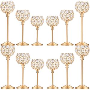 Crystal Metal Tealight Candlestick, Bling Bowl Candelabras, Tall Crystal Candle Holders, Elegant Candle Centerpiece for Dining Table Wedding Home Mantel Decor(Golden, 4Sets(12 Pcs))
