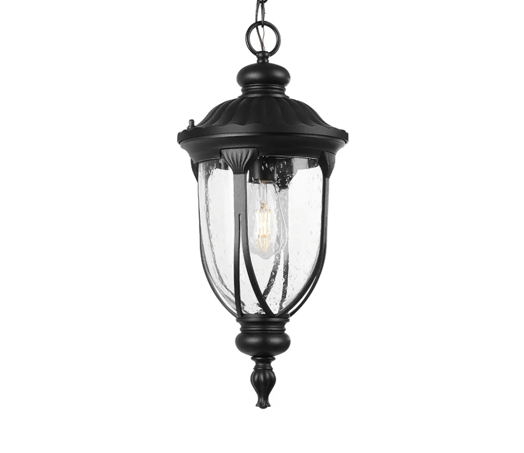 Diyel Outdoor Pendant Lantern Light Fixture for Front Porch, 12 Inch Large Vintage Exterior Hanging Chandelier with Clear Seedy Glass, Black Outdoor Indoor Pendant Lamp for Patio, Gazebo, Entryway