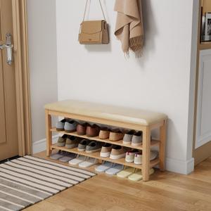 Wood Shoe Rack Bench for Entryway, Shoe Rack for Front Door Entrance with Leather Cushion, 2 Tier Shoe Bench with Shoe Storage for Entryway, Bedroom. (39.4"W x 20.4"H x 11.8"D, Nature-leather Seat)
