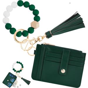 KNGITRYI Wallet Keychain Wristlet for Women,Slim RFID Credit Card Holder Purse Tassel Keychain Bangle Key Ring for Men Women (Dark Green)