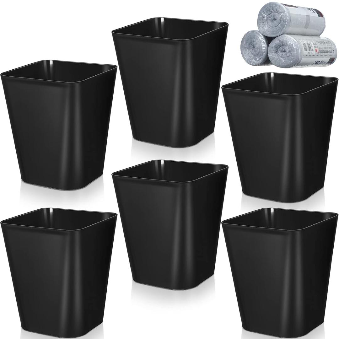 Eccliy 6 Pack 1.6 Gallons Trash Can Small Bathroom Plastic Trash Can with 3 Rolls of Bags for Bedroom Home Office Living Room Kitchen(Black,6)