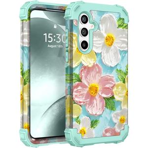 for Galaxy S24 Case,3 in 1 Oil Painting Flower Pattern Heavy Duty Shockproof Protection Silicone Rubber Bumper+Hard Plastic Hybrid Protective Cover for Samsung S24 6.2",Green Flower
