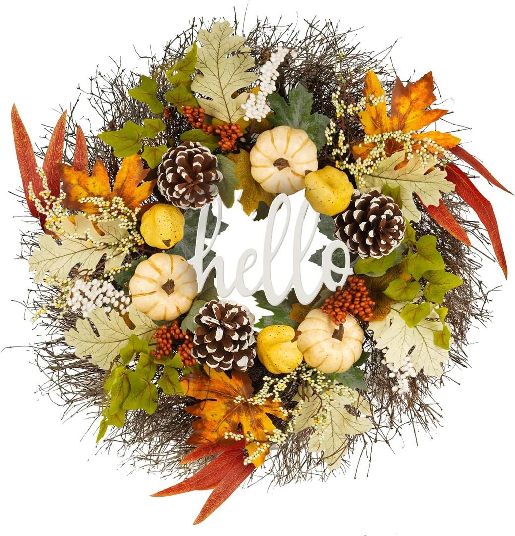 24 Inch Large Autumn Fall Wreath with Hello Sign Maples Leaf Pumpkin Pine Cone for Front Door Window Wall Porch Fireplace Home Decoration