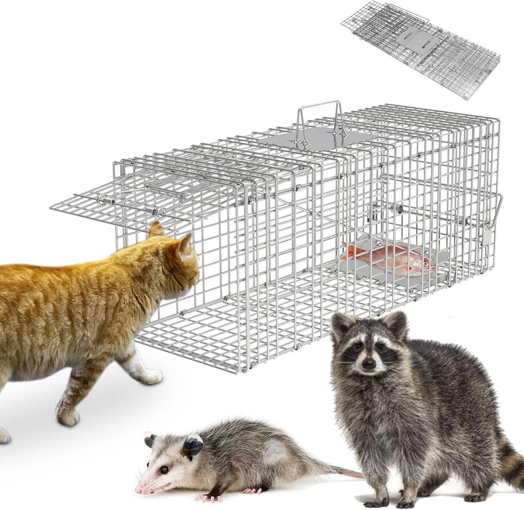 Large Live Animal Trap Cage, 31"x11"x12" Live Animal Cage Trap Humane Raccoon Traps Catch Release, Collapsible One-Door Animal Catcher Cage for Cats Opossums Groundhogs Skunks Squirrel Rodent