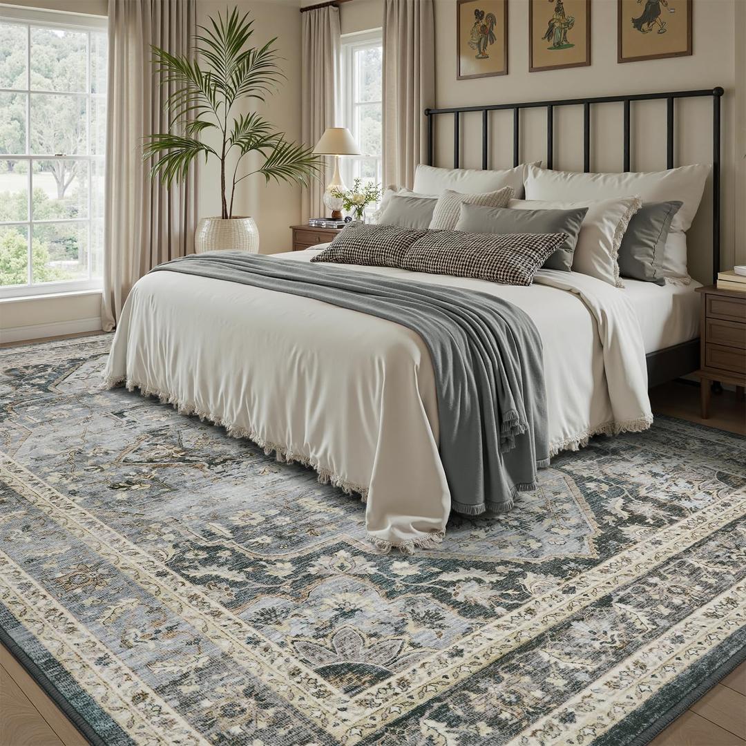 Grey Washable 6x9 Area Rugs for Living Room Rug Bedroom Rug Carpet Neutral Vintage Dining Room Rugs for Under Table Soft Comfortable Non Slip