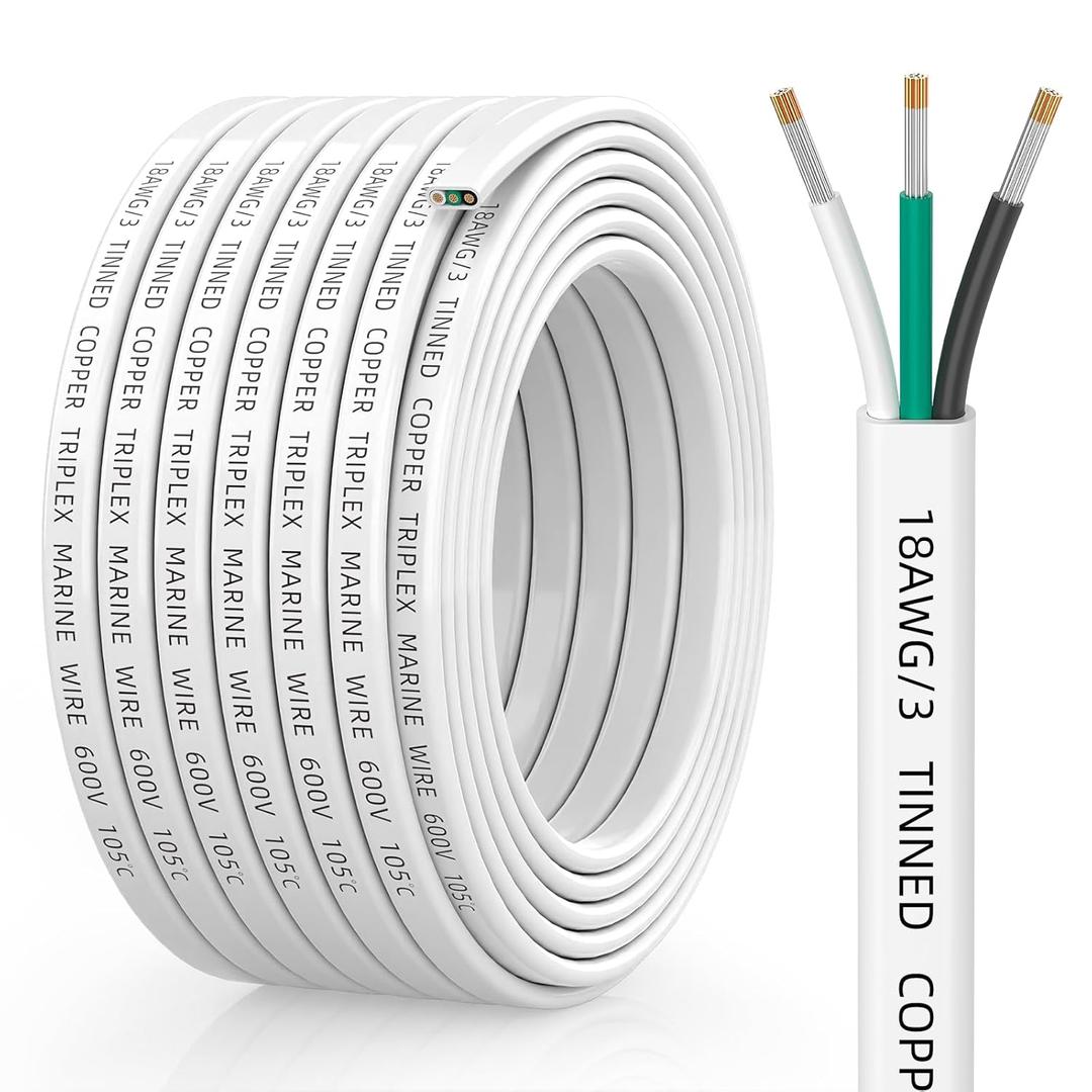 18 Gauge Marine Wire, 18/3 Triplex Marine Grade Cable, IP68 Waterproof/Oxygen-Free Tinned Copper Stranded PVC 18 AWG Wire for Boat, Automotive, RV, Solar, LED Strips (30FT)