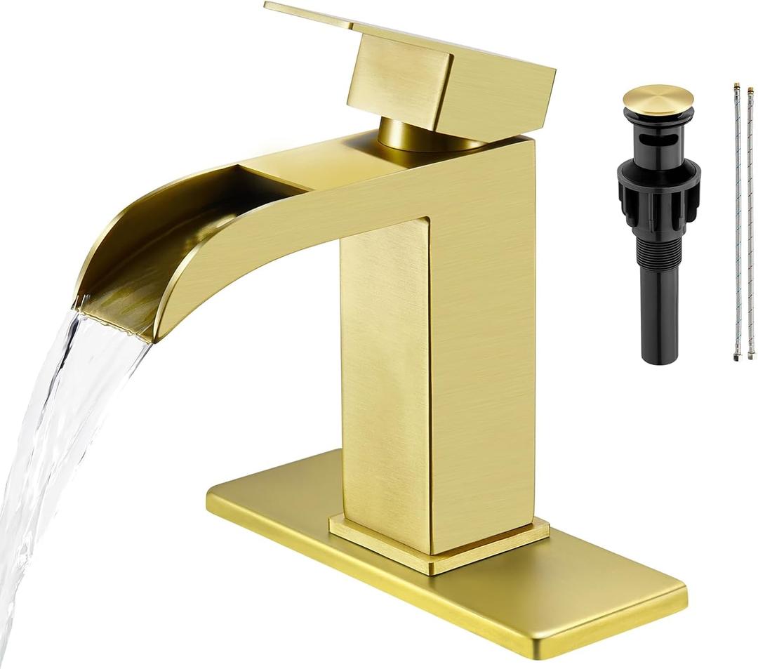 Faustina Brushed Gold Waterfall Bathroom Faucet 1 Hole Single Handle,Wide Open Spout Waterfall Bathroom Faucet with Pop Up Drain,Stainless Steel Utility Sink Faucet RV Bathroom Vanity Faucet Basin