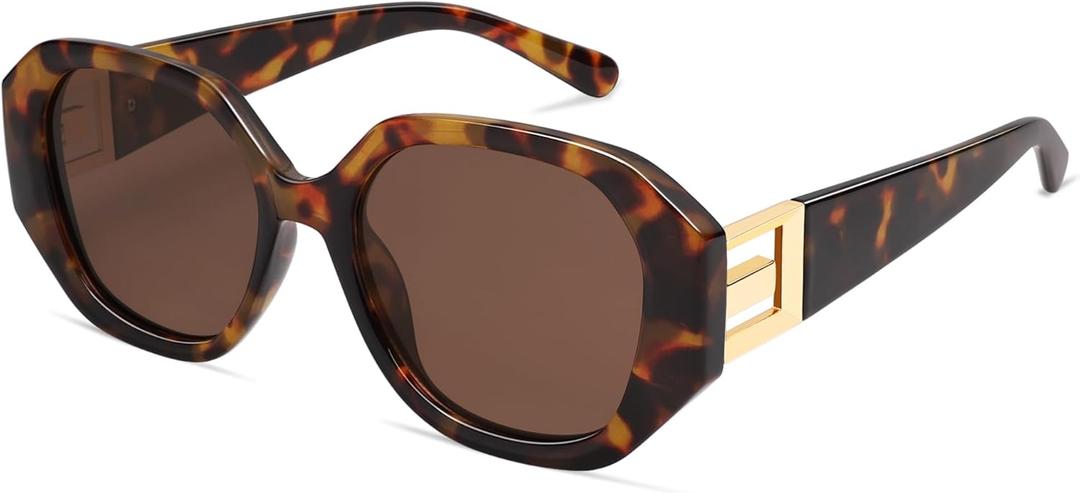 AMOMOMA Oversized Hexagonal Sunglasses for Women, Fashion Womens sunglasess Designer Shades 70s UV400 Polarized AM6646,  Tortoise/Green