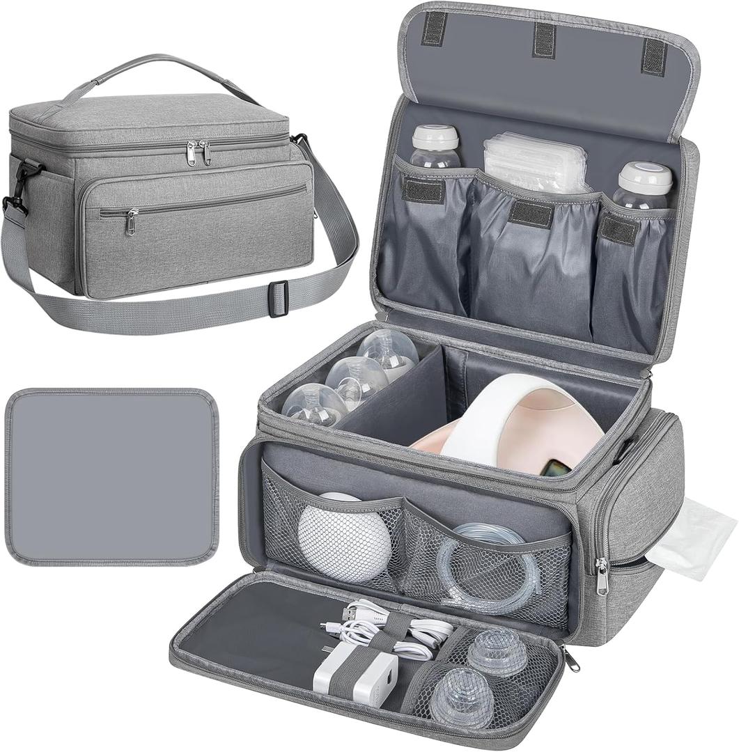 OCKLILY Breast Pump Bag for Spectra S1 S2 with Waterproof Mat, Breast Milk Cooler Bag for Pump Essentials, Pumping Bags for Working Mom Travel Camping, Grey