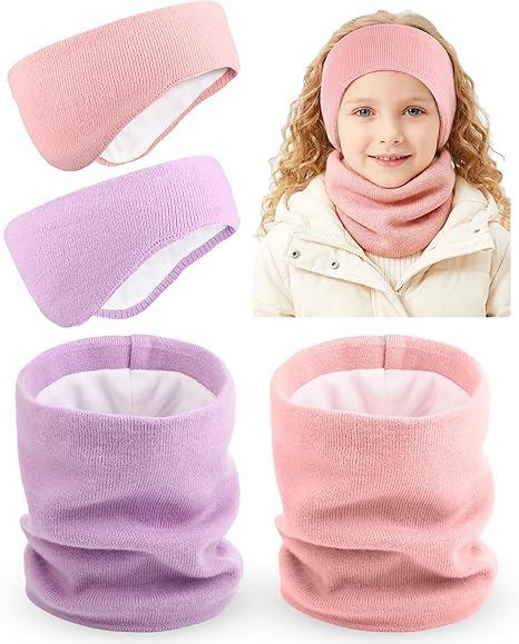 JenPen 4 Pcs Doublelayer Ear Warmers Winter Neck Warmer Set for kids HeadbandKnit Fuzzy Lined Winter Ear Muffs Neck Gaiter Set