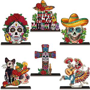 Amyhill 6 Pcs Day of The Dead Table Decorations Dia De Los Muertos Wooden Centerpiece Dancing Couple Sugar Skull Wooden Sign Day of The Dead Mexican for Fiesta Carnival Halloween Tiered Tray