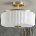 3-Light Gold Semi Flush Mount Ceiling Light, 11.8" Modern Schoolhouse Light Fixtures Ceiling Mount with Ribbed Opal Glass Shade, Anti-Glare Close to Ceiling Lamp for Bedroom Kitchen Hallway Entryway, 11.81 inches diameter, 10.24 inches height