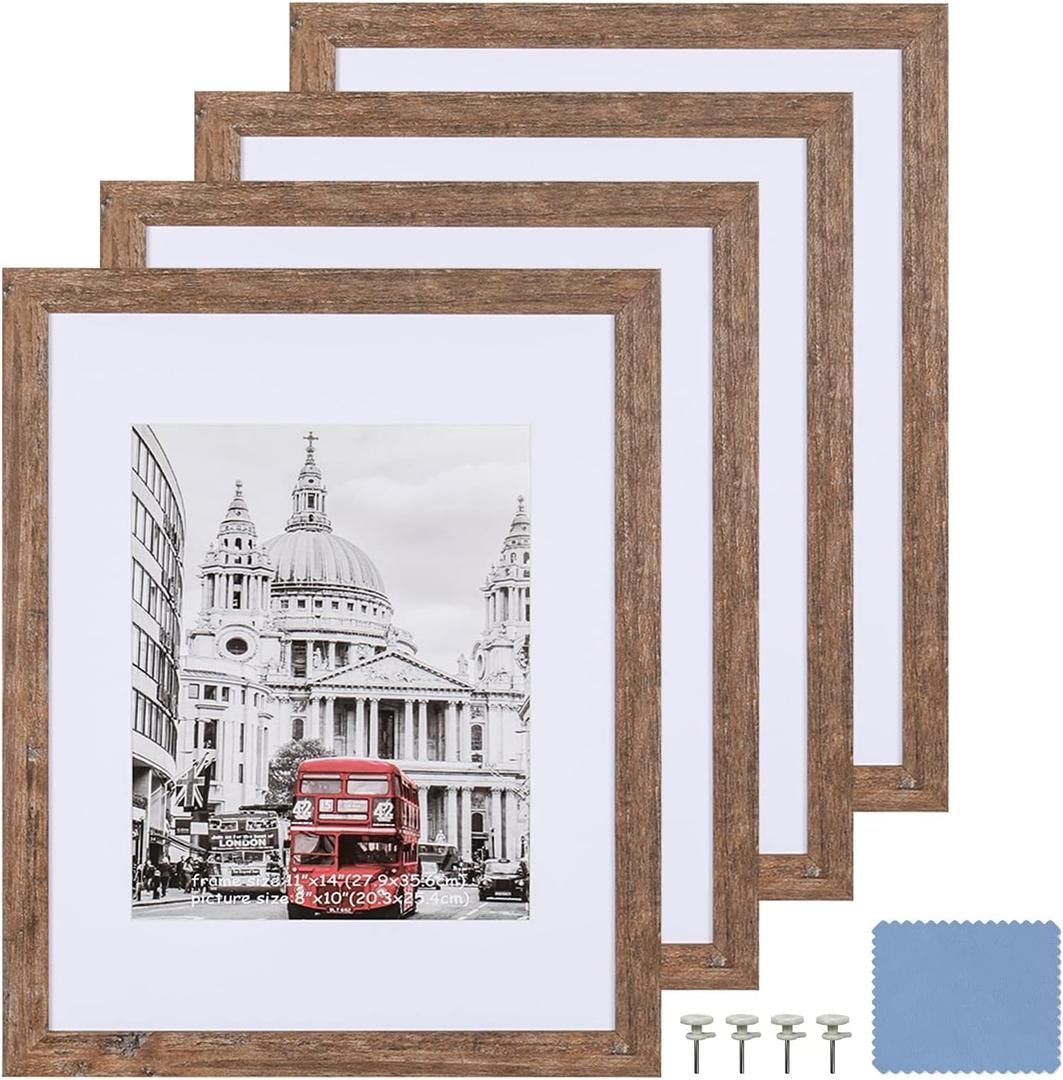 Set of 4, Display 8x10 With Mat or 11x14 Without Mat, Wall Rustic Wood Picture Frames (Rustic Wood)