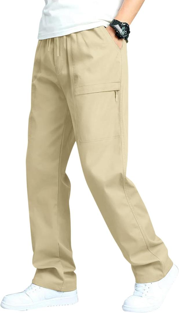 Men's Casual Cargo Pants Workout Sweatpants Joggers Stretch Hiking Drawstring Tactical Trousers (L, Khaki)