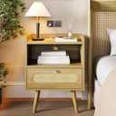 AGDULL End Table with Charging Station, Nightstand with Diamond Handle and Rattan-Style Drawer, Bedside Table, Light Oak