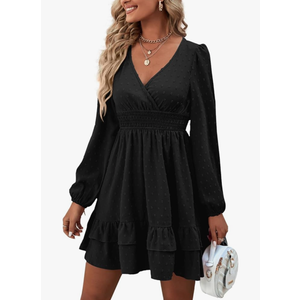 Rooscier Women's Wrap V Neck Swing Ruffle Swiss Dots Long Sleeve Mini Dress Size S