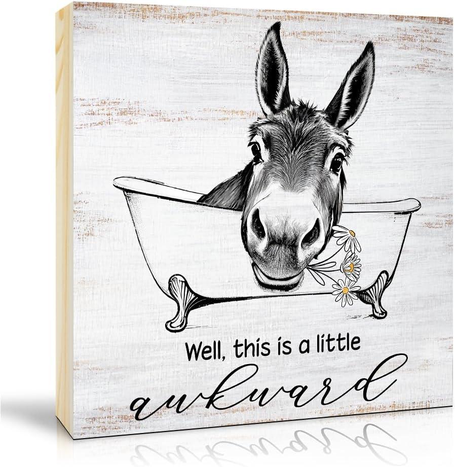 2 x TOUNER Well This Is A Little Awkward Wood Box Sign, Funny Donkey Daisies Bathtub Retro Wood Desk Decor, Christmas Birthday Thanksgiving Bathroom Table Display Gifts for Women Mom Aunt BFF Sister
