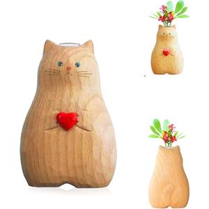 Cat Vase Handmade Wooden Vase, Home Decor Small Vases,Solid Wood Cat Statue Holding Heart Shaped,Modern Creative Cat Decor