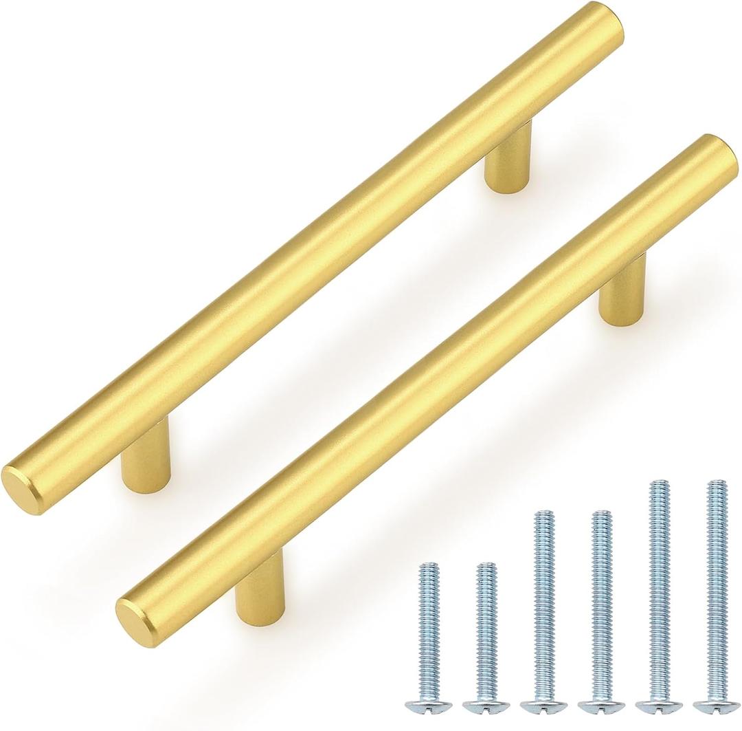 Probrico 10 Pack 5 Inch Center-to-Center Kitchen Cabinet Pulls T Bar Gold Cabinet Handles Modern Drawer Hardware Dresser Pulls, 7-1/2 inch Total Length