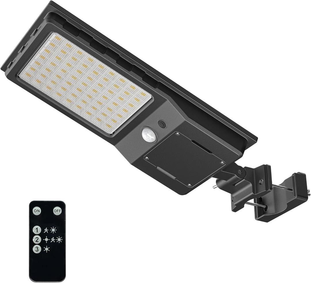 Outdoor Solar LED Street Lights, 6500K Solar Outside Dusk to Dawn, IP65 Waterproof Street Lights Solar Powered with Motion Sensor and Remote Control for Wall Porch Barn Patio Garage L-1Pack