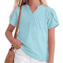 LessonZoo Girls Petal Short Sleeve T-Shirt V-Neck Button Top Solid T Shirts Summer Casual Tee Ages 5-14(5-6 Years,Baby Blue)