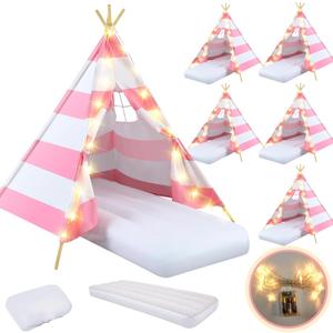 6 Pack Sleepovers Teepee Tent for Kids Bulk with Mattress Sheet Light,Natural Cotton Washable Indoor Play Tent for Birthday Slumber Party Girls Boys Pajama Movie Night Supplies(Pink, White)