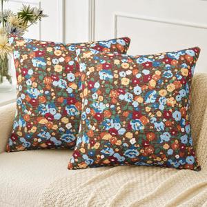 Pyonic Set of 2 Decorative Floral Print Throw Pillow Covers 18X18 Inch Vintage Black Boho Square Pillow Covers Soft Neutral Farmhouse Couch Pillowcase for Livingroom Bedroom Home Decor