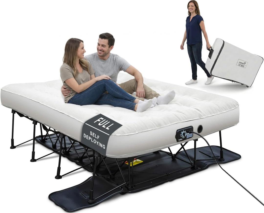 Ivation EZ-Bed (Full) Inflatable Air Mattress with Frame & Built-in Pump - 3 Min Self Inflate/Deflate - Raised Blow up Bed with Legs, Auto Shut Off, Premium Coil Design, Wheeled Portable Case